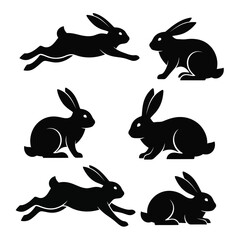 Vector illustration of set of black rabbit silhouettes for design