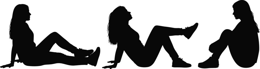 Seated person silhouette vector illustration with casual poses, long hair, relaxed posture, black design, white background, minimal lifestyle concept