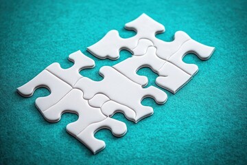 Obraz premium Close-up of white interlocking puzzle pieces partially assembled on a blue textured surface symbolizing problem solving and connection