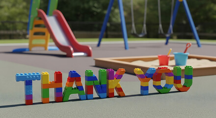 Thank you message spelled out with colorful building blocks at a playground