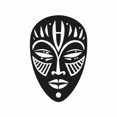 Striking tribal mask design showcased as a bold, black silhouette