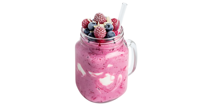 Delicious berry smoothie in a mason jar with fresh berries and straw isolated on transparent background