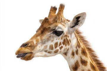 Fototapeta premium Close-up profile of a giraffe's head and neck against white