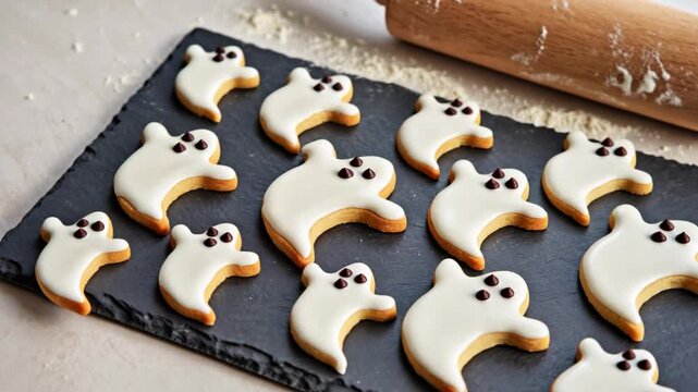 Halloween ghost cookie with chocolate eyes and rustic baking background