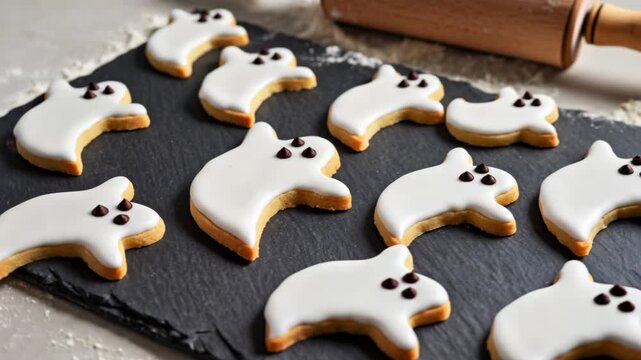 Cute ghost shaped sugar cookie with white icing on slate tray