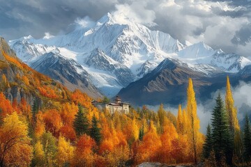 Snow-covered mountain peaks towering over vibrant autumn forest with yellow, orange, and green trees surrounding a solitary building nestled on a hillside under a partly cloudy sky