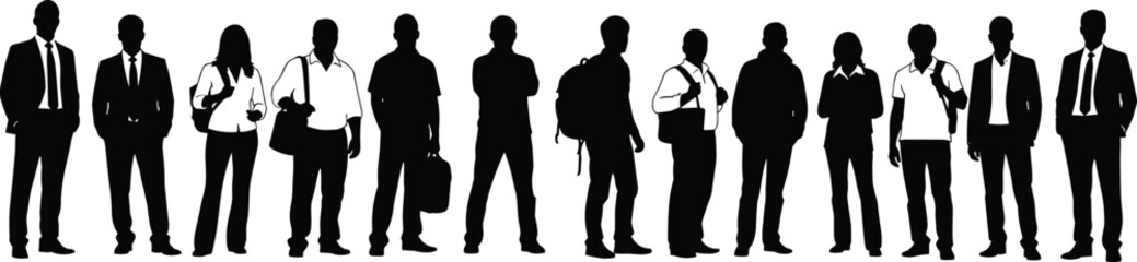 Silhouetted business professionals standing in row, diverse corporate attire, teamwork concept, black figures on white background, career illustration