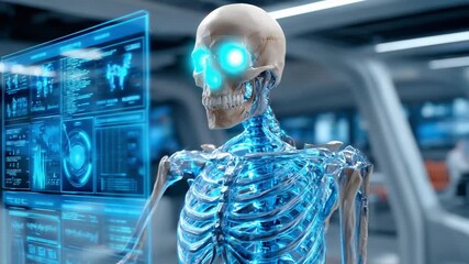 Cybernetic Being and Futuristic Interface: A captivating image showcasing a highly detailed cybernetic being with a skeletal form, its glowing eyes focused as it interacts with a futuristic interface. - Powered by Adobe