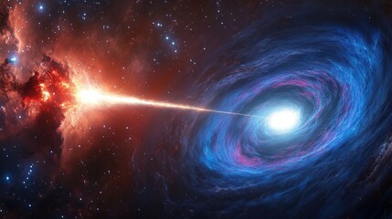 Obraz premium Bright cosmic explosion emitting a powerful jet of light into a swirling blue and purple galaxy nebula in outer space