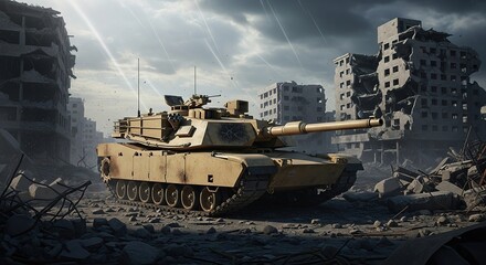 War-Torn Cityscape with a Military Tank