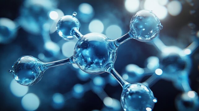 Close-up view of a transparent blue molecular structure with spherical atoms connected by rods against a blurred blue background conveying a scientific and futuristic atmosphere - Powered by Adobe