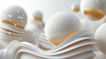 Abstract white spheres with gold speckles floating above smooth, flowing white waves, evoking a calm and futuristic atmosphere