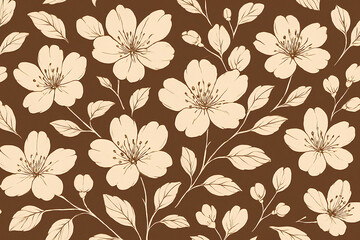 Seamless sakura flower pattern in beige line art on brown background. Elegant hand-drawn cherry blossom design with delicate petals and leaves. Perfect for textile, fabric, wallpaper, wrapping paper,