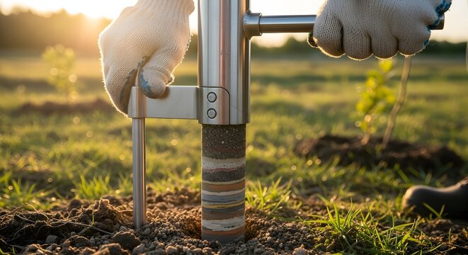 Revealing Earths Colorful Strata Soil Core Sampling in Golden Sunset Light.