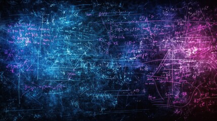 Abstract dark textured background with mathematical formulas and graphs in glowing blue and pink neon colors