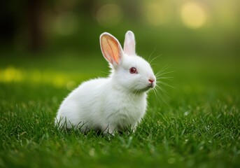 Adorable Realistic White Rabbit in Lush Green Grass