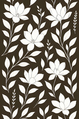 Seamless floral pattern with white magnolia flowers and leaves on a dark brown background. Elegant botanical design suitable for textile, wallpaper, wrapping paper, and decorative projects.
