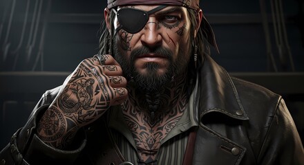 Obraz premium A stern-looking pirate with an eye patch, bandana, beard, and extensive tattoos poses for a close-up portrait.