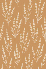 Seamless lavender floral pattern with delicate white line art on a warm brown background. Elegant botanical design for fabric, textile, wallpaper, wrapping paper, and decorative surface.