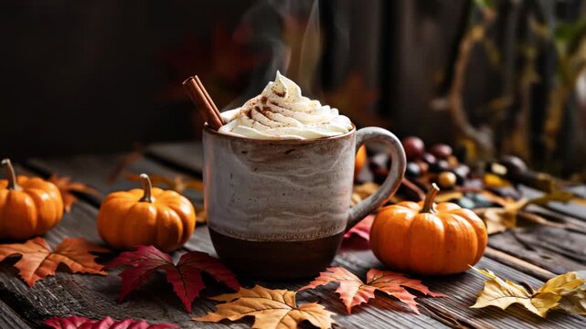 Halloween pumpkin latte steaming on dark wooden table with autumn leaves