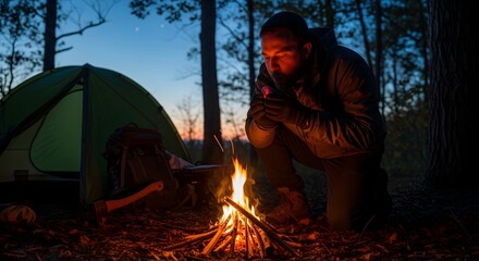 Solitary Campers Ritual Igniting a Crackling Campfire as Twilight Descends on the Forest.