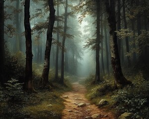 Fototapeta premium A foggy forest scene with tall trees lining a narrow winding dirt path covered with scattered rocks, evoking a mysterious and tranquil atmosphere