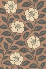 Seamless camellia floral pattern with cream blossoms and dark leaves on a brown background. Elegant botanical design perfect for fabric, wallpaper, packaging, and decorative surface projects.