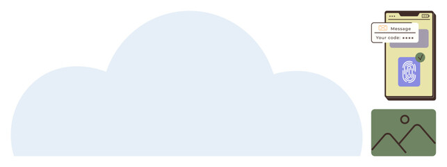 Large cloud shape with mobile displaying message inbox and media file. Ideal for file sharing, data backup, secure transfer, messaging, technology, online communication, simple flat metaphor