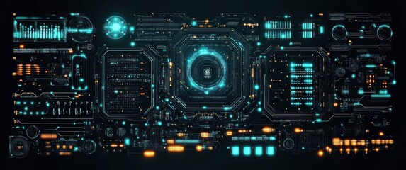 Futuristic digital circuit interface with glowing blue and orange lights displaying complex technical data and various holographic elements on a dark background