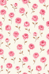 Seamless pink rose pattern in watercolor style on light background. Elegant hand-painted floral design with delicate petals and brown leaves. Perfect for textile, fabric, wallpaper, wrapping paper