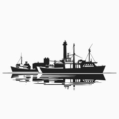 Obraz premium Fishing trawlers docked in harbor reflecting in the water, a striking silhouette