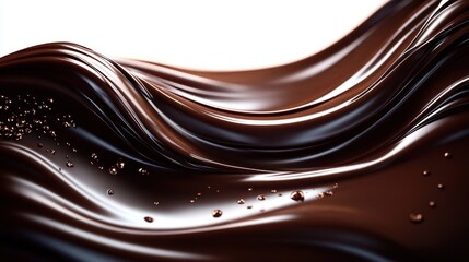 Smooth flowing waves of dark glossy liquid chocolate with scattered droplets creating a rich and indulgent texture under soft lighting