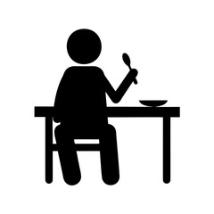 Simple black and white drawing of a person eating with a spoon