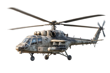 Fototapeta premium Military helicopter in flight showcasing rotor blades against a clear sky, emphasizing its tactical capabilities and rugged design during training exercises