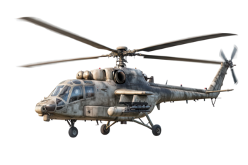 Military helicopter in flight showcasing rotor blades against a clear sky, emphasizing its tactical capabilities and rugged design during training exercises