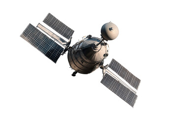 Satellite floating on a transparent background showcasing solar panels and communication equipment with high detail