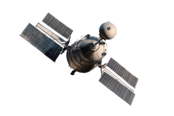 Satellite floating on a transparent background showcasing solar panels and communication equipment with high detail