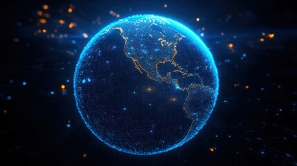 Futuristic digital globe highlighting North and South America with glowing blue data points and interconnected lines on a dark background