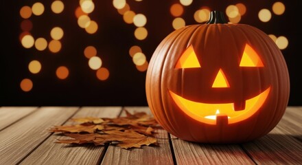Obraz premium A carved glowing halloween pumpkin jack o lantern sits on a wooden table with autumn leaves