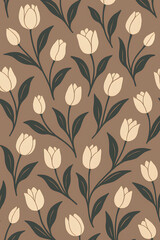 Seamless tulip flower pattern with cream blossoms and dark green leaves on a warm brown background. Elegant floral design perfect for textile, fabric, wallpaper, wrapping paper, and modern decorative