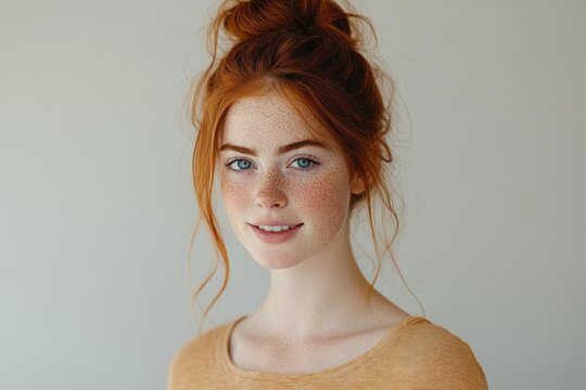 Portrait of smiling young red-haired woman with blue eyes and freckles wearing a light brown top against neutral background