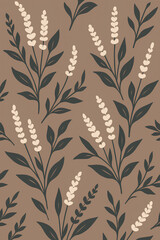 Seamless botanical floral pattern with lavender-inspired sprigs and dark green leaves on a brown background. Elegant minimalist nature design suitable for fabric, wallpaper, packaging, wrapping paper,
