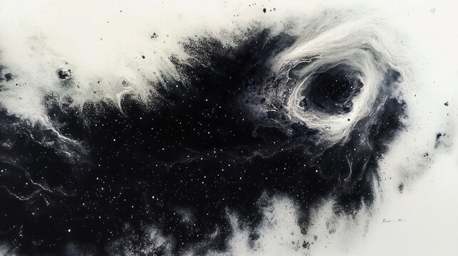 Abstract black and white cosmic swirl resembling a galaxy or nebula with scattered white dots simulating stars on a textured background