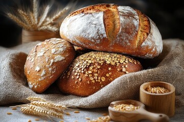 Three rustic loaves of bread with flour dusting and oat topping placed on burlap cloth with wheat stalks and grains in wooden containers, warm and inviting atmosphere