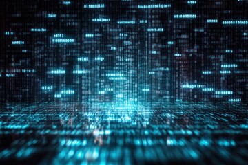 Abstract glowing blue digital code and binary numbers floating in a dark space creating a futuristic data environment