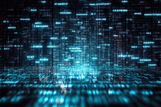 Abstract glowing blue digital code and binary numbers floating in a dark space creating a futuristic data environment
