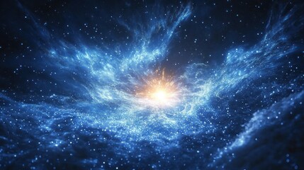 A bright glowing star surrounded by swirling blue cosmic dust and countless small sparkling stars in a vast space environment
