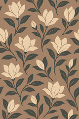 Seamless magnolia flower pattern with elegant cream blossoms and dark green leaves on a warm brown background. Sophisticated botanical design perfect for fabric, wallpaper, wrapping paper,