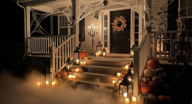 Front porch decorated for halloween at night with pumpkins, lanterns, and cobwebs