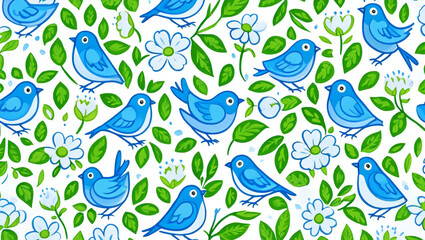 Fototapeta premium Cheerful Blue Birds and Flowers Seamless Pattern: Springtime Watercolor Illustration